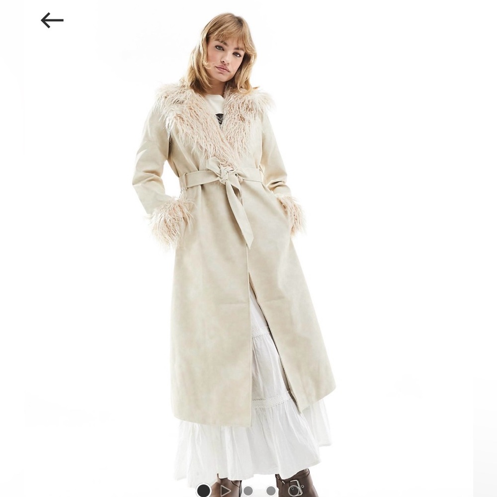 Reclaimed Vintage Longline leather look trench coat with faux fur